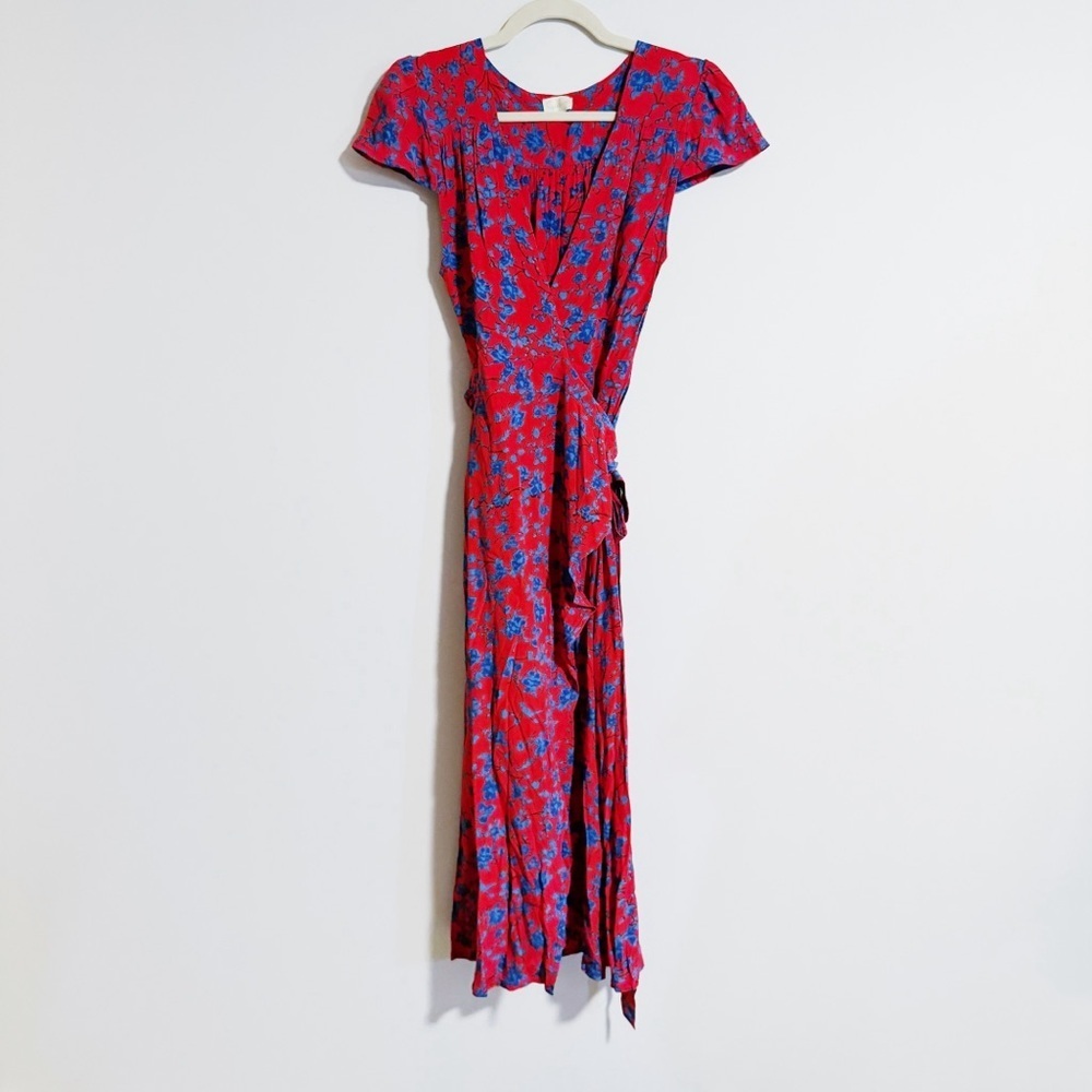 Gillia - Red and Blue Floral Wrap Midi Dress
